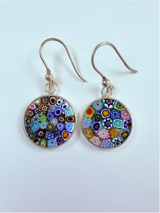 Unbranded Jewelry - Venetian Murano Glass Millefiori 925 Sterling Silver Dangle Disc Earrings Italy